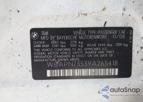 2009 BMW 335D z USA, uszkodzony, nr VIN WBAPN73539A265418